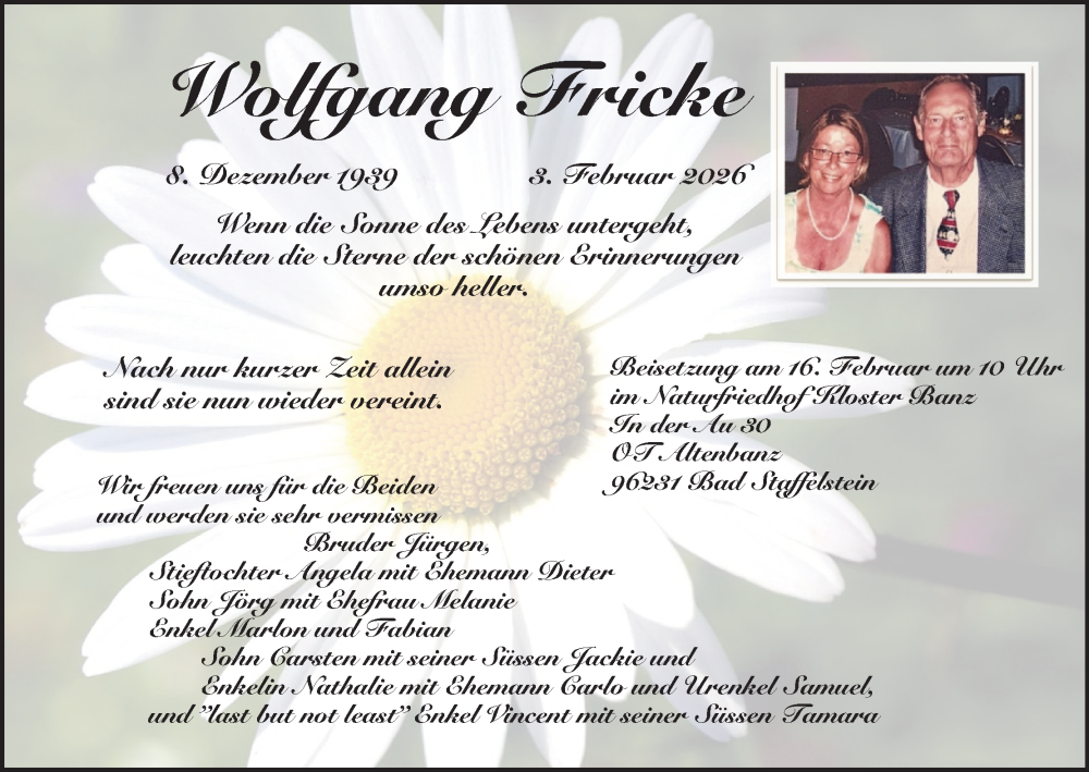  Traueranzeige für Wolfgang Fricke vom 07.02.2026 aus MGO