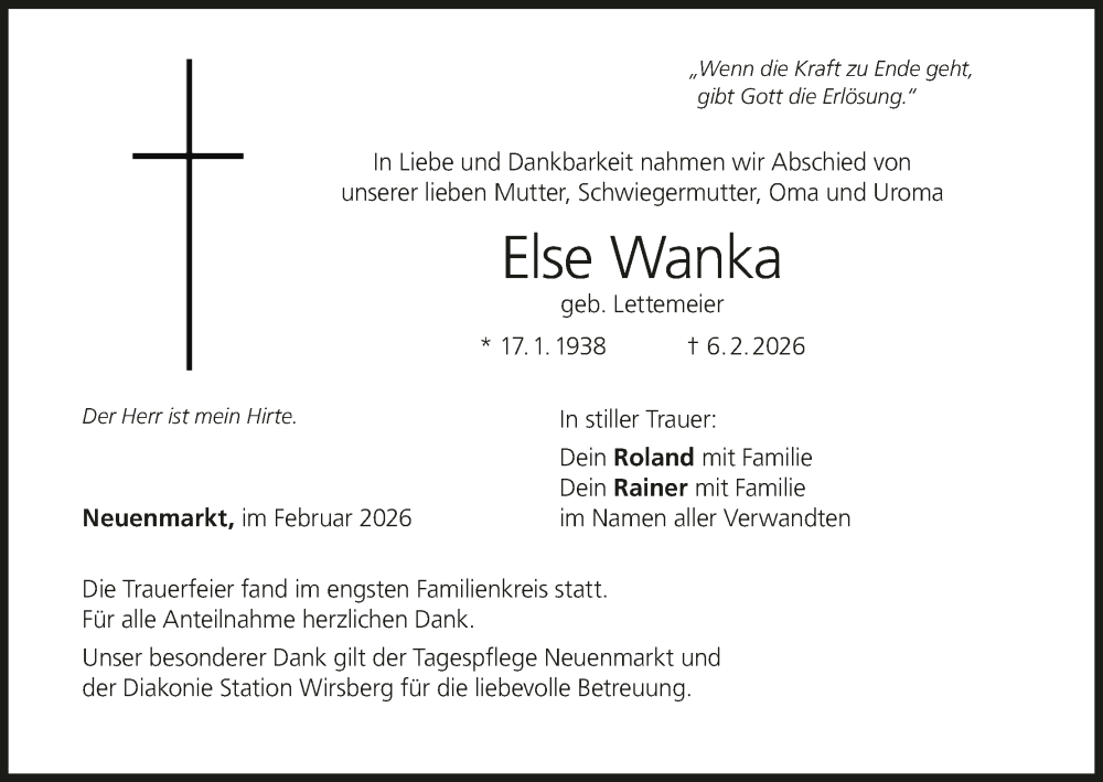  Traueranzeige für Else Wanka vom 28.02.2026 aus MGO