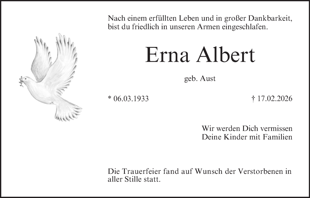  Traueranzeige für Erna Albert vom 28.02.2026 aus MGO