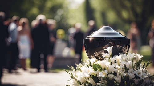 Eine Urne ist von Blumen und Menschen umgeben.